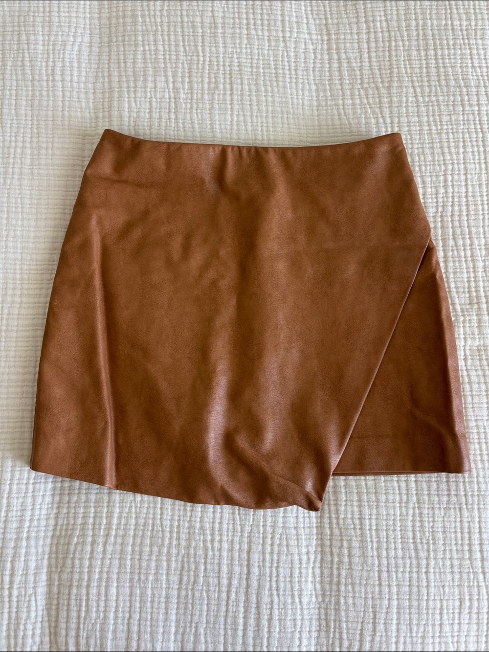 Skies Are Blue Faux Leather Asymmetrical Mini Skirt in Cognac Brown - Vici